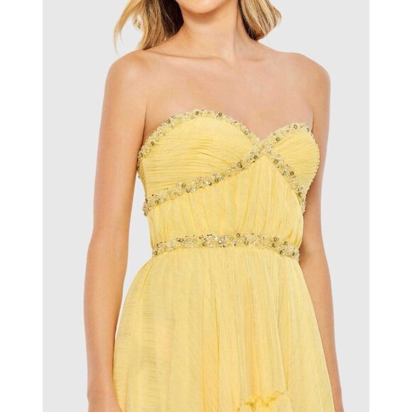 Mac Duggal Size 12 Yellow 68096 Beaded Strapless Ruffle High Low Gown Dress New - Picture 2 of 12
